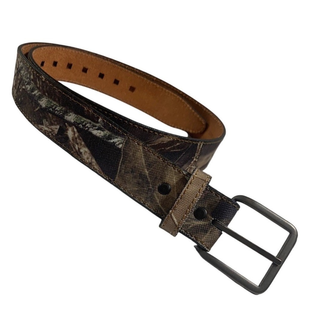Unbranded Camo Belt Mens 36 Brown Green Canvas Leather Lined Tactical Hunting